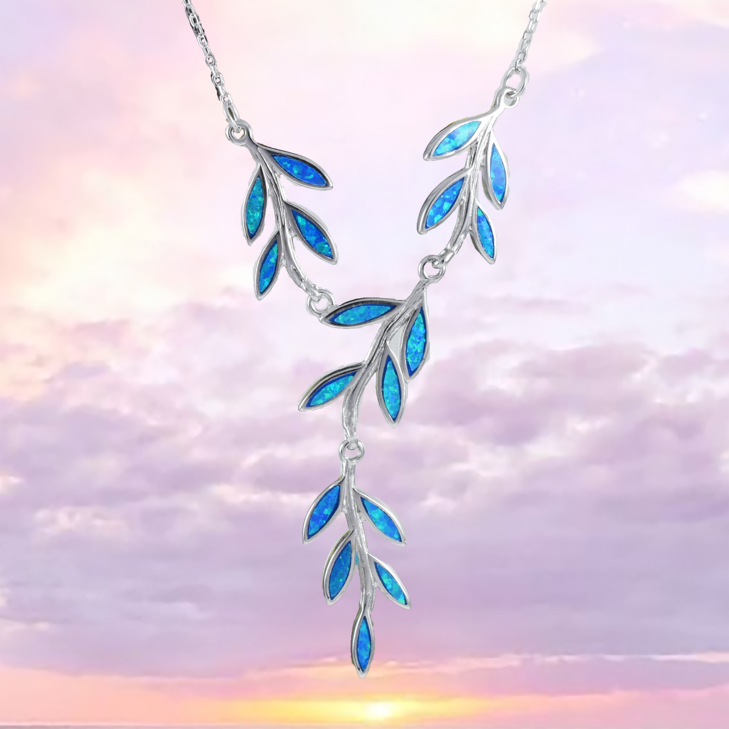 Silver Maile Leaf Opal Necklace - Hawaii Treasures Shop