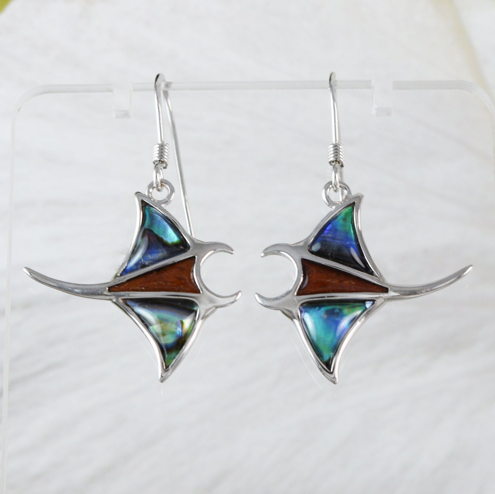 Silver Manta Ray Koa Wood Abalone Earrings - Hawaii Treasures Shop
