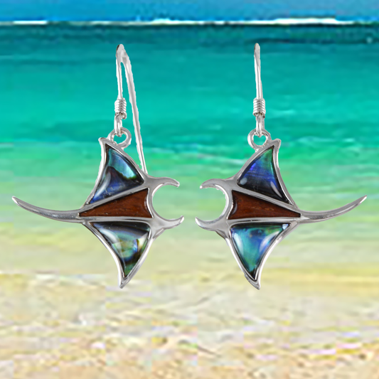 Silver Manta Ray Koa Wood Abalone Earrings - Hawaii Treasures Shop