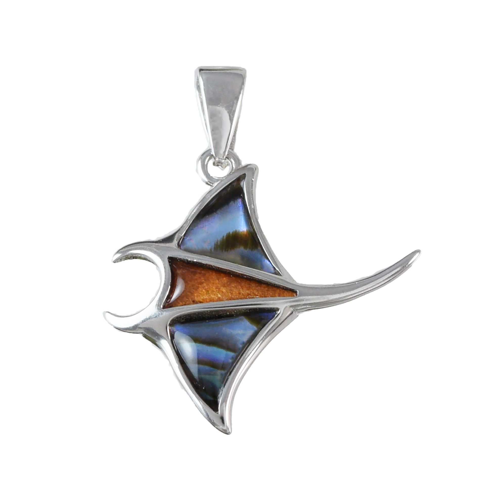 Silver Manta Ray Wood Abalone Necklace - Hawaii Treasures Shop