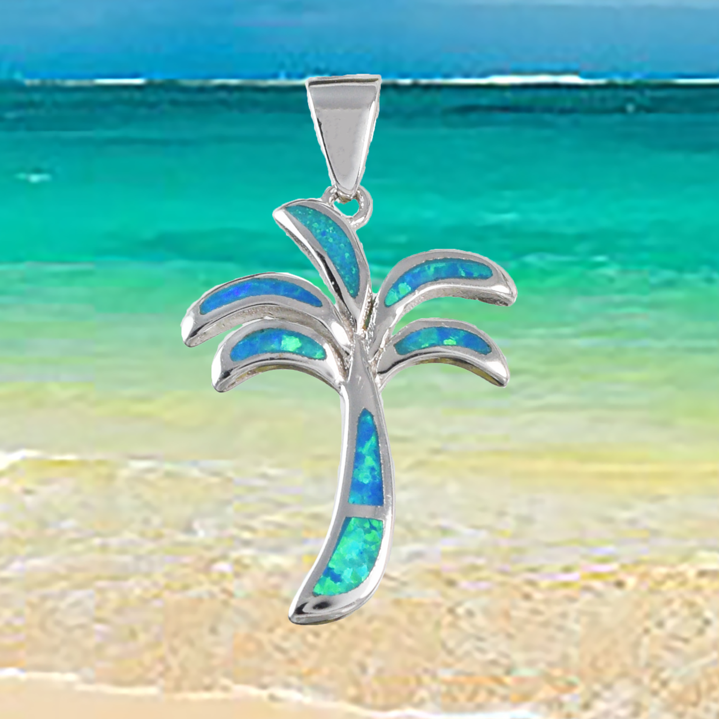 Silver Palm Tree Blue Opal Necklace - Hawaii Treasures Shop
