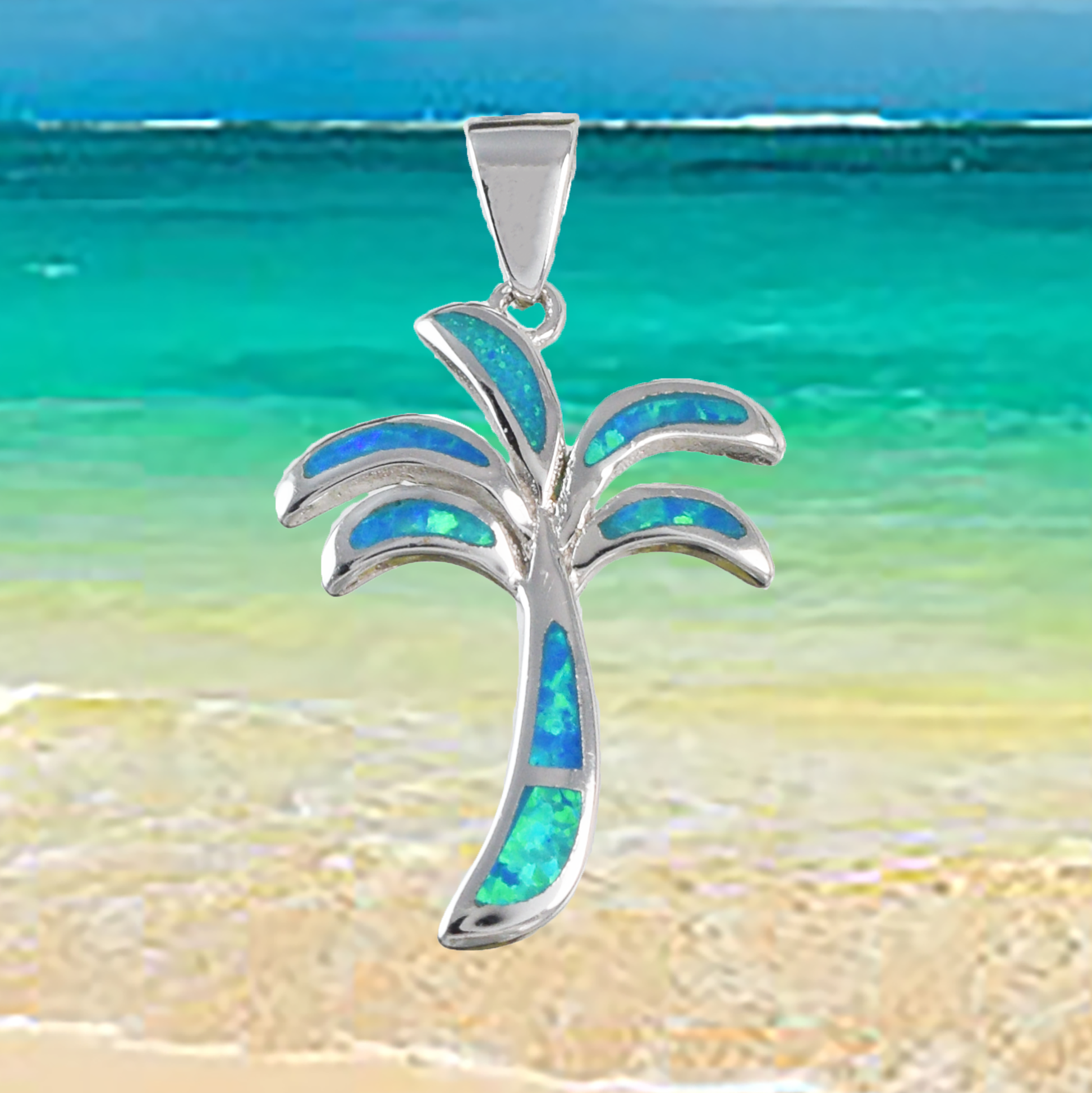 Silver Palm Tree Blue Opal Necklace - Hawaii Treasures Shop
