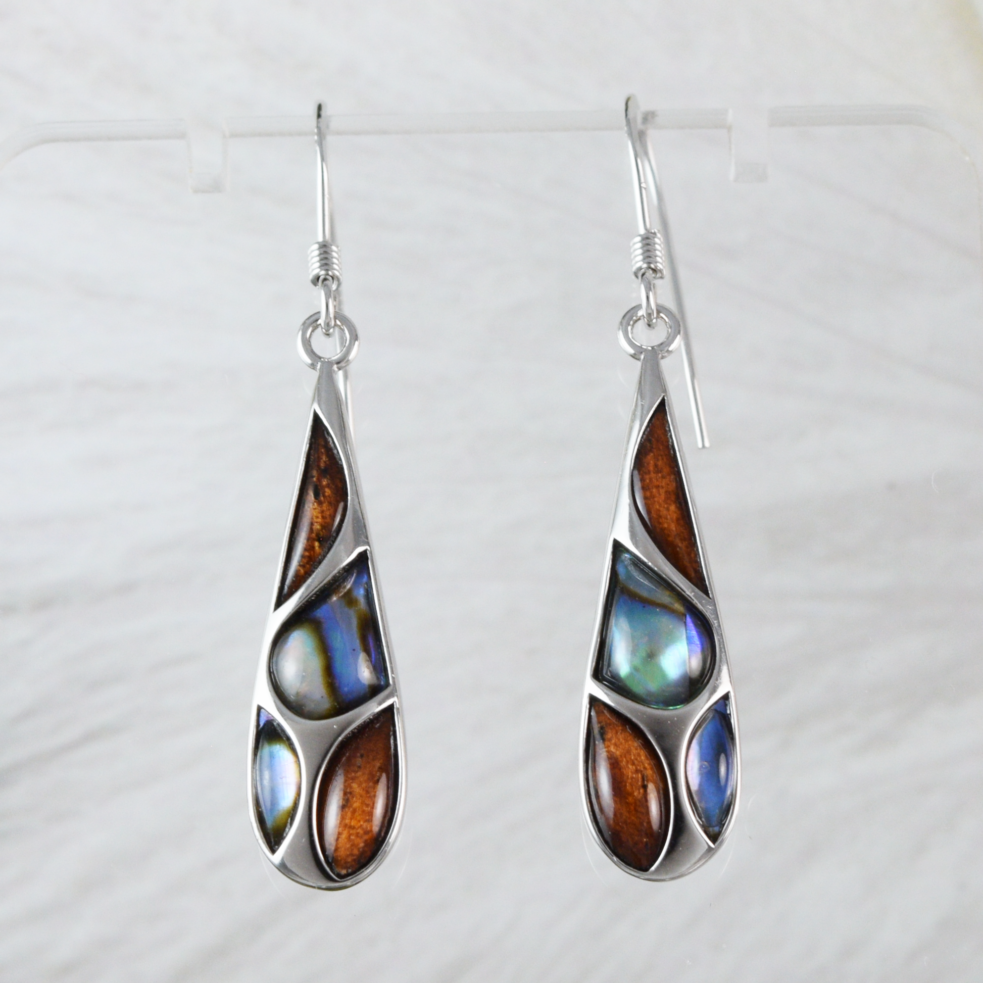 Silver Rain Drop Koa Wood Abalone Earrings - Hawaii Treasures Shop