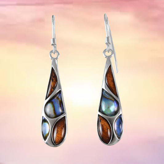 Silver Rain Drop Koa Wood Abalone Earrings - Hawaii Treasures Shop
