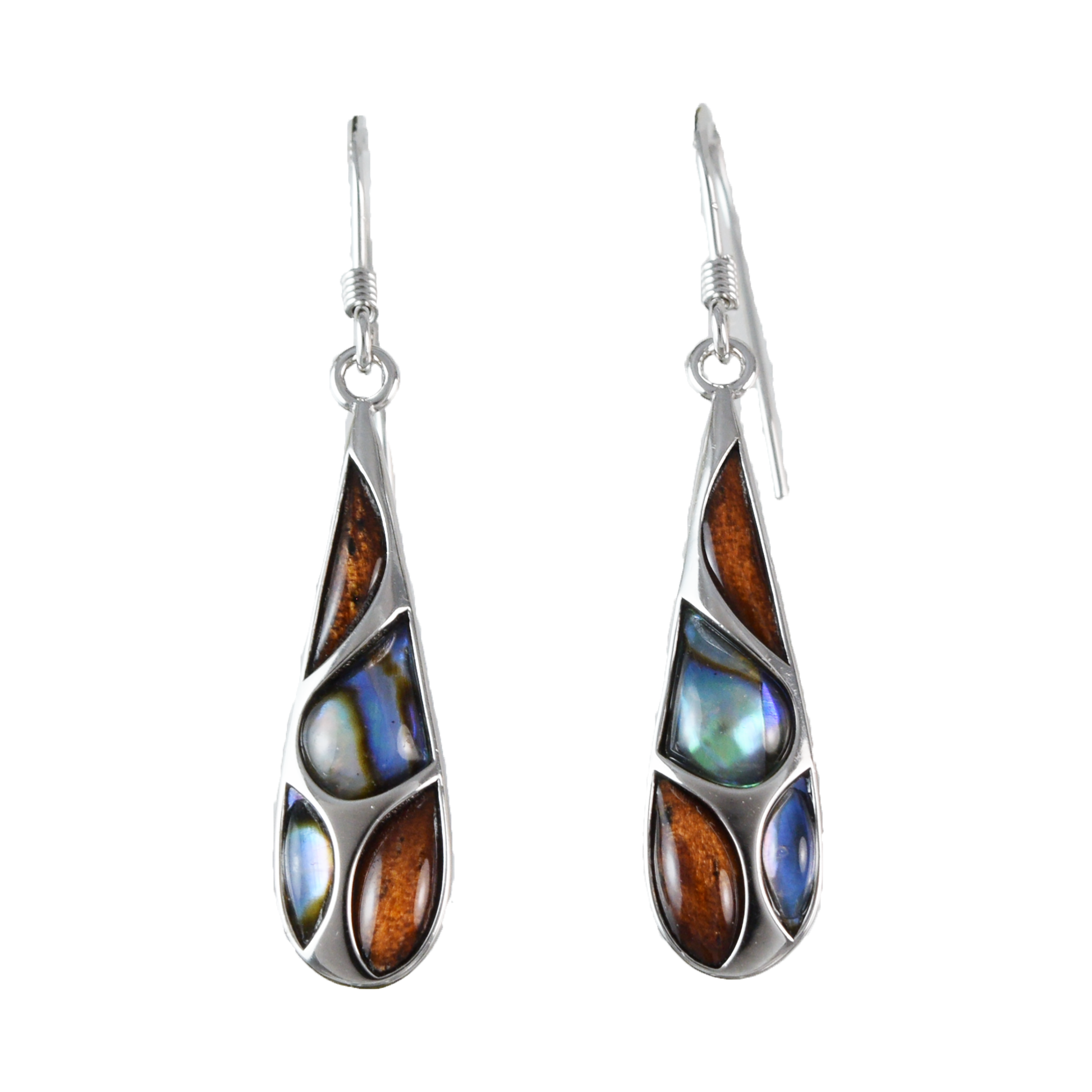 Silver Rain Drop Koa Wood Abalone Earrings - Hawaii Treasures Shop