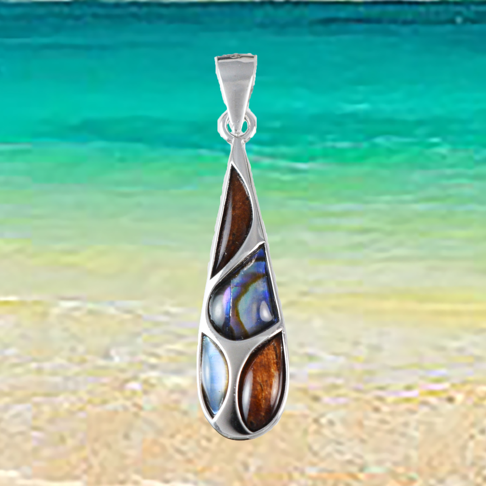 Silver Rain Drop Koa Wood Abalone Necklace - Hawaii Treasures Shop