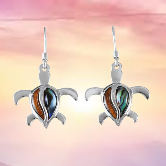 Silver Sea Turtle Koa Wood Abalone Earrings - Hawaii Treasures Shop
