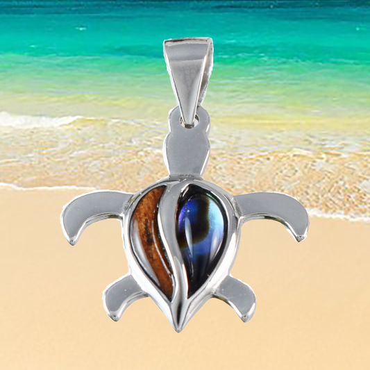Silver Sea Turtle Koa Wood Abalone Necklace - Hawaii Treasures Shop