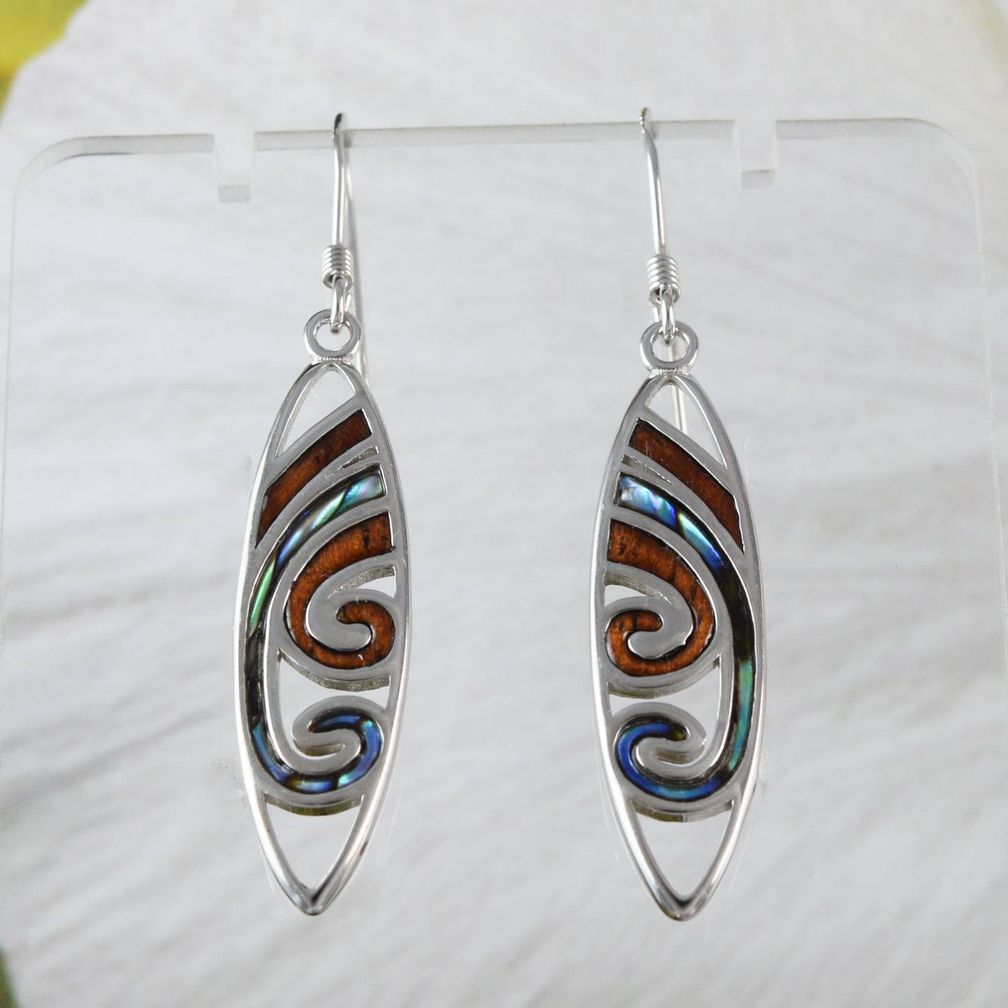 Silver Wave Koa Wood Abalone Earrings - Hawaii Treasures Shop
