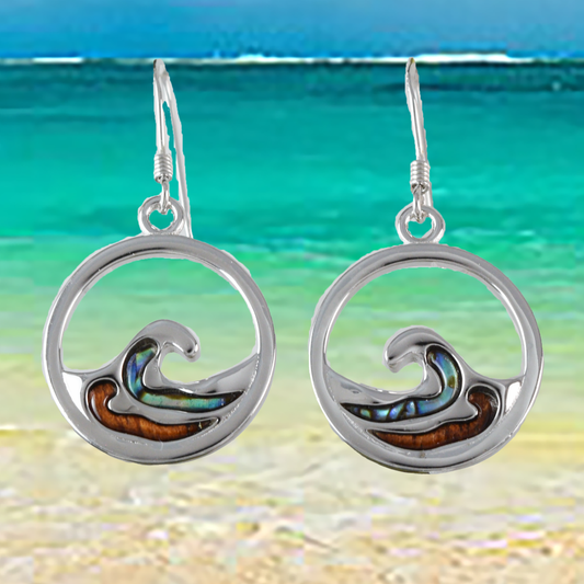 Silver Wave Koa Wood Abalone Earrings - Hawaii Treasures Shop
