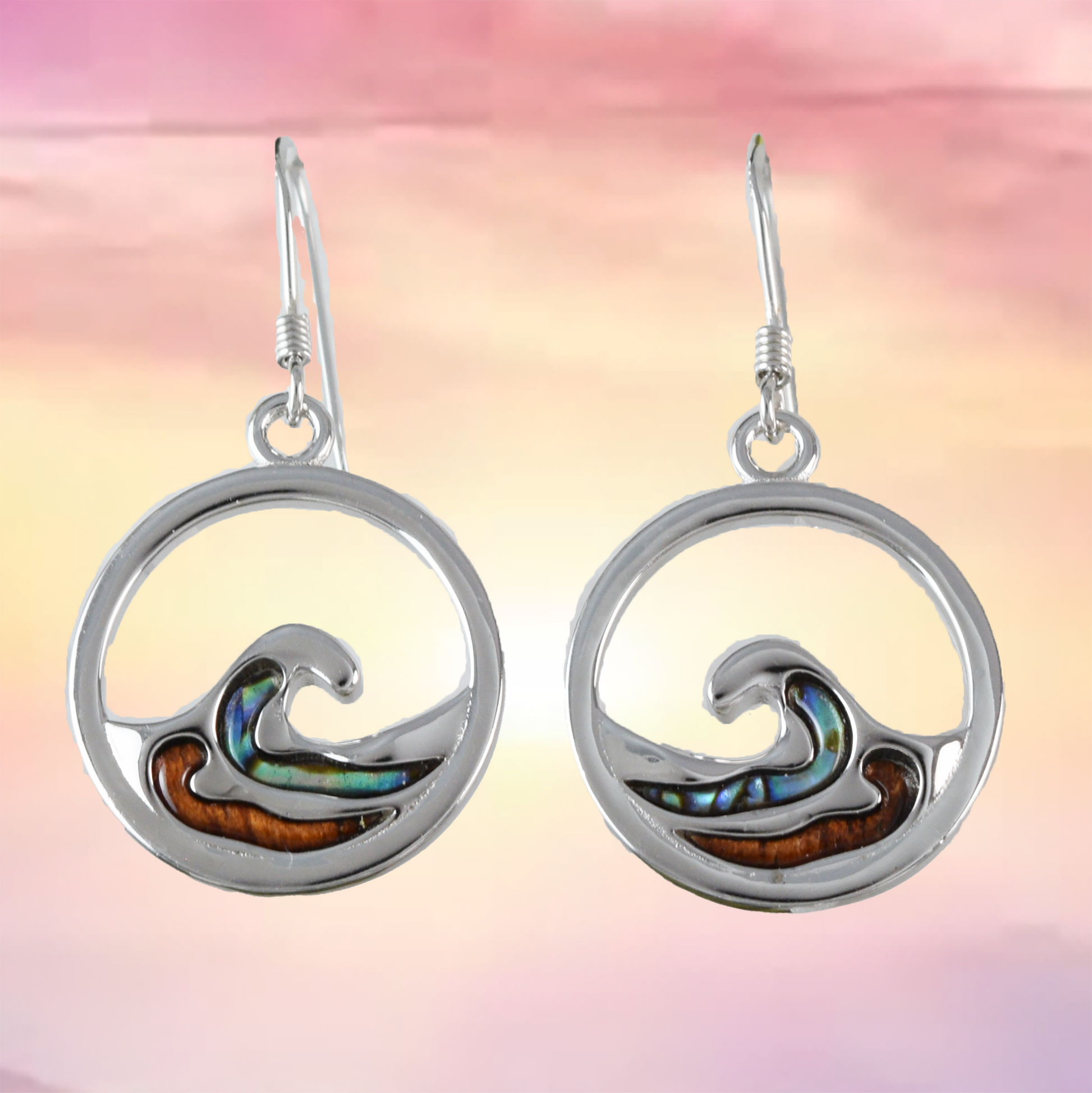 Silver Wave Koa Wood Abalone Earrings - Hawaii Treasures Shop