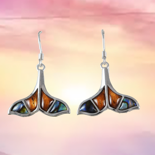 Silver Whale Tail Koa Wood Abalone Earrings - Hawaii Treasures Shop