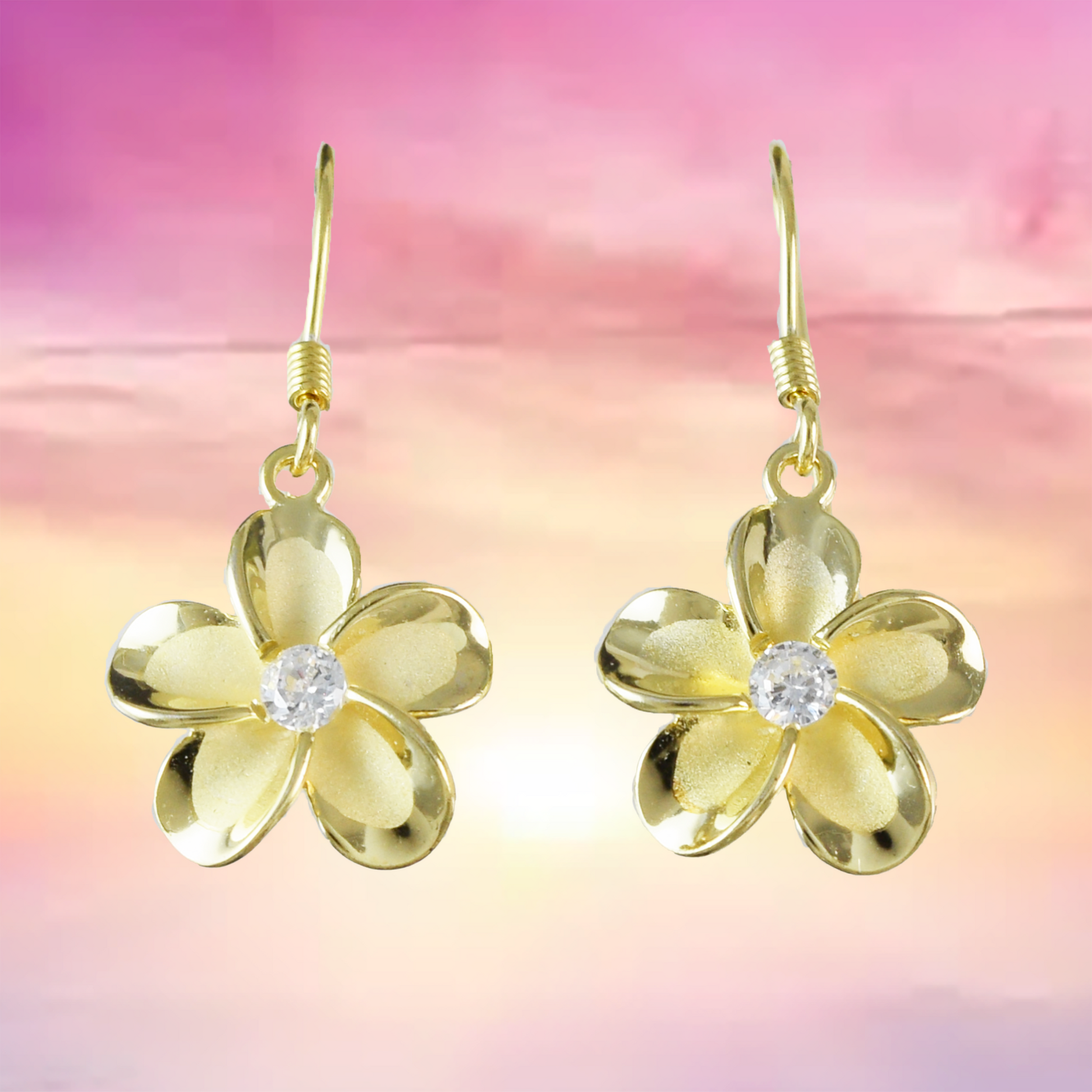 Silver Yellow-Gold Plated Plumeria Dangle Earrings - Hawaii Treasures Shop