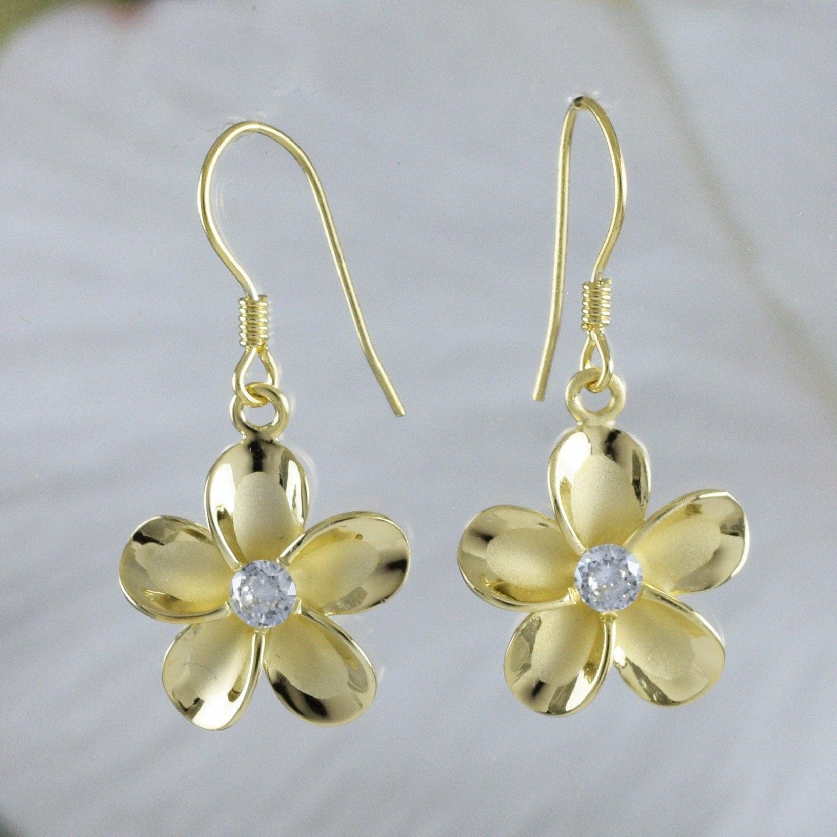 Silver Yellow-Gold Plated Plumeria Dangle Earrings - Hawaii Treasures Shop