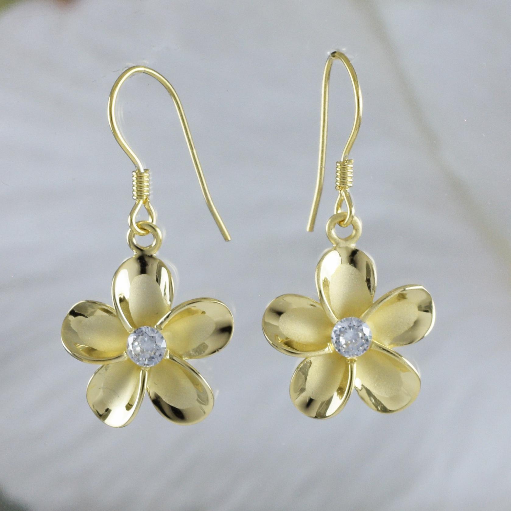 Silver Yellow-Gold Plated Plumeria Dangle Earrings - Hawaii Treasures Shop