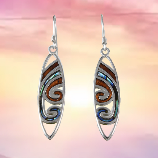 Unique Silver Wave Koa Wood Abalone Earrings - Hawaii Treasures Shop