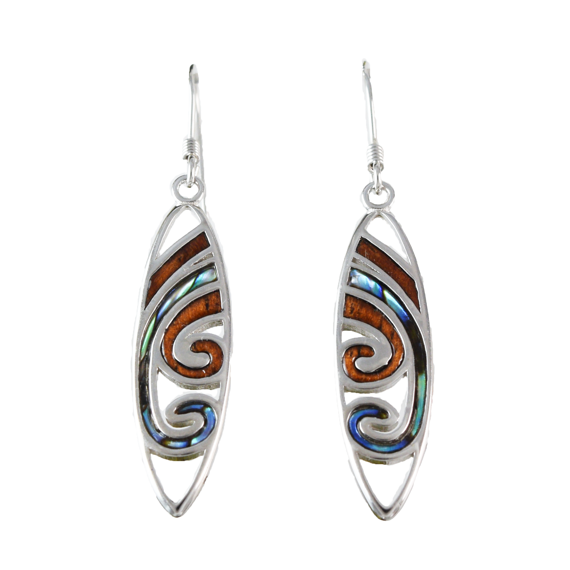 Unique Silver Wave Koa Wood Abalone Earrings - Hawaii Treasures Shop