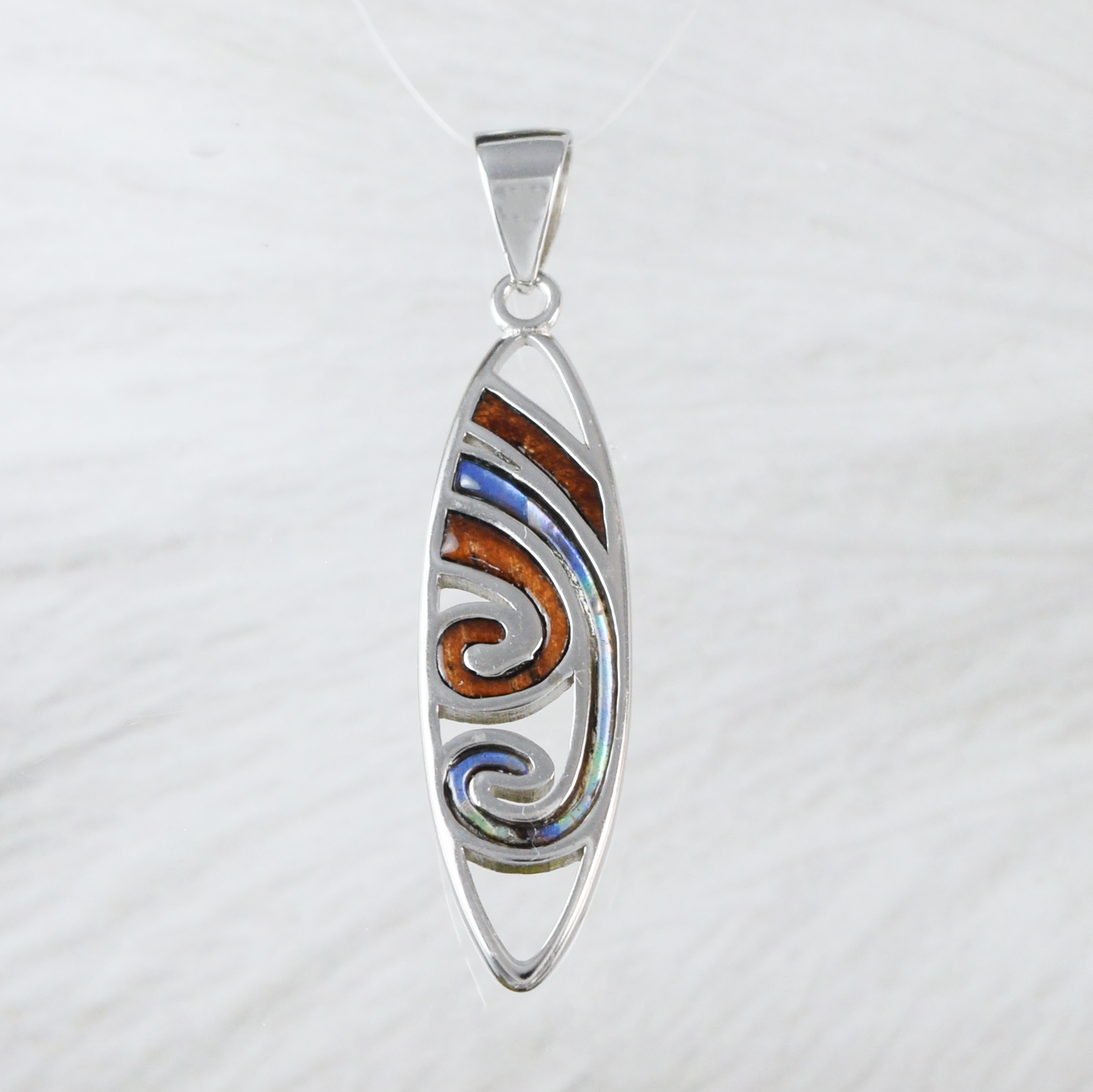Unique Silver Wave Wood Abalone Necklace - Hawaii Treasures Shop