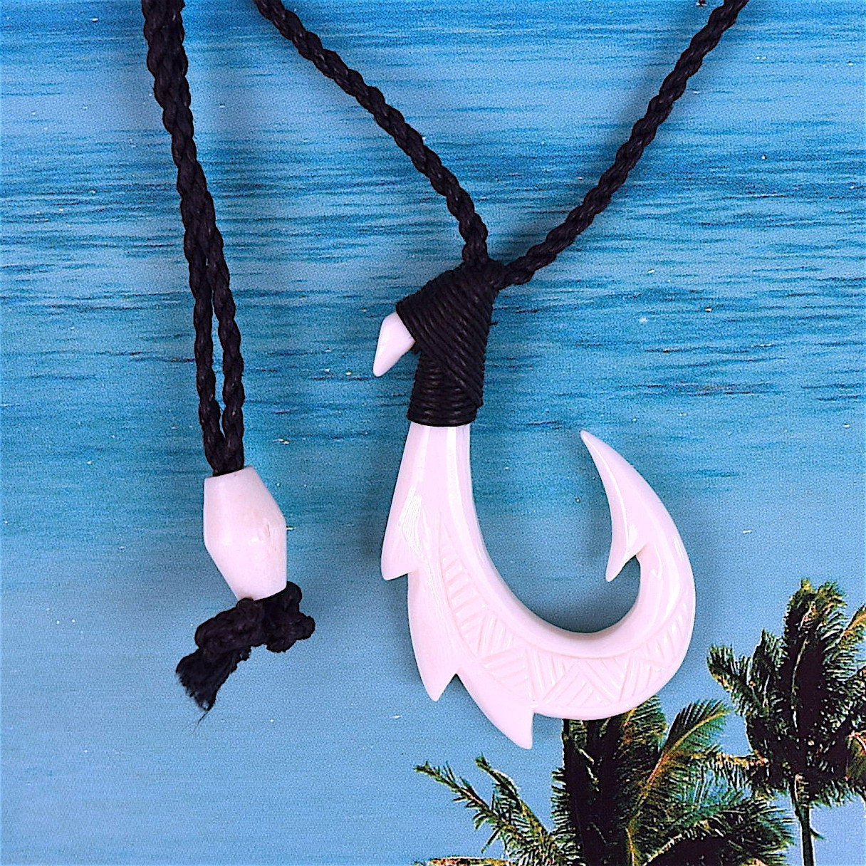 Hawaiian Large Fish Hook Necklace, Hand Carved Buffalo Bone 3D Fish Hook Necklace, N9106 Birthday Mother Gift, Island Jewelry