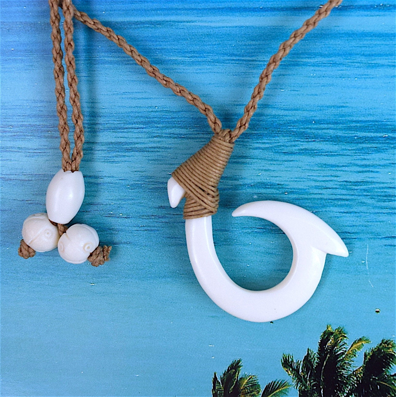 Hawaiian Large Fish Hook Necklace, Hand Carved Buffalo Bone 3D Fish Hook Necklace, N9105 Birthday Mother Gift, Island Jewelry