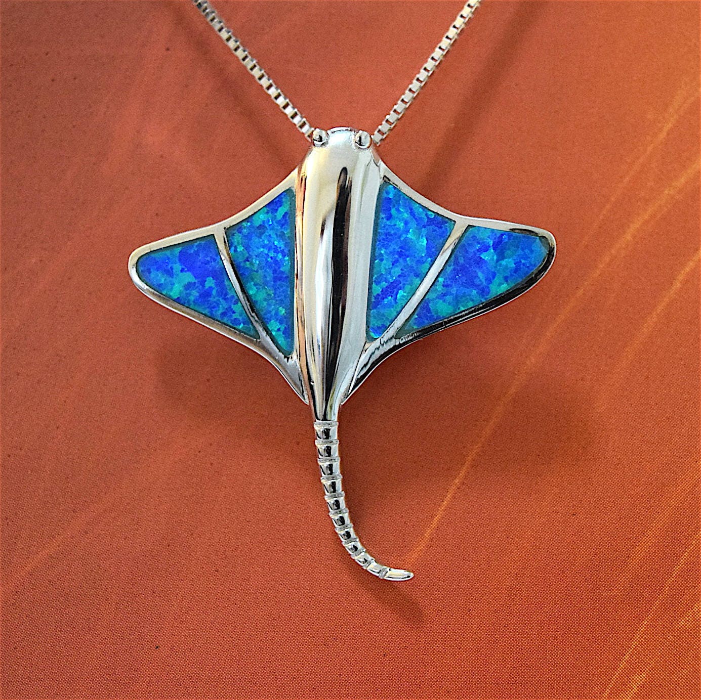 Hawaiian Blue Opal Stingray Pendant, Sterling Silver Blue Opal Sting Ray Pendant, Christmas Anniversary Birthday Mom Gift