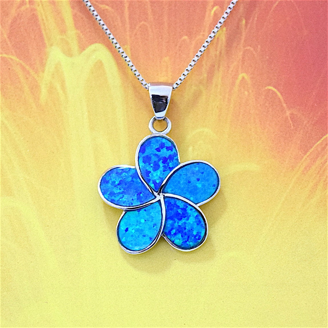 Hawaiian Blue Opal Plumeria Pendant, Sterling Silver Blue Opal Inlay Plumeria Pendant, Christmas Present, Birthday Gift