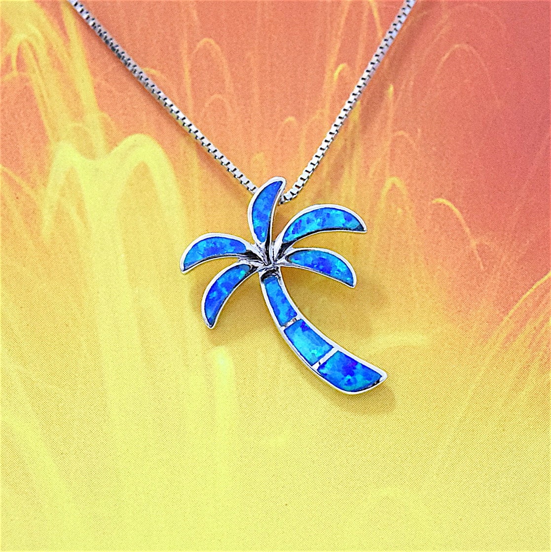 Hawaiian Blue Opal Palm Tree Pendant, Sterling Silver Blue Opal Inlay Palm Tree Pendant, Christmas Present Birthday Mom Gift