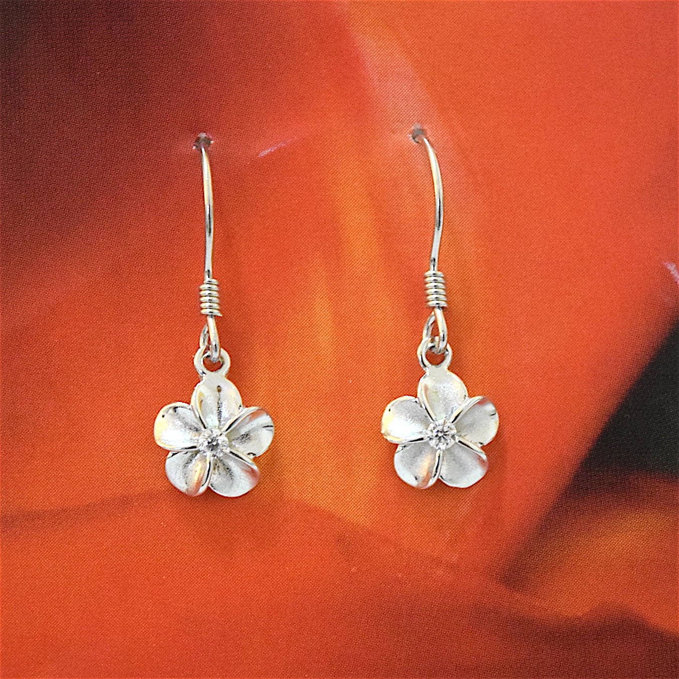 Hawaiian Small Plumeria Earrings, Sterling Silver Plumeria CZ Dangle Earrings, Hawaiian Jewelry, Christmas Anniversary Birthday Gift