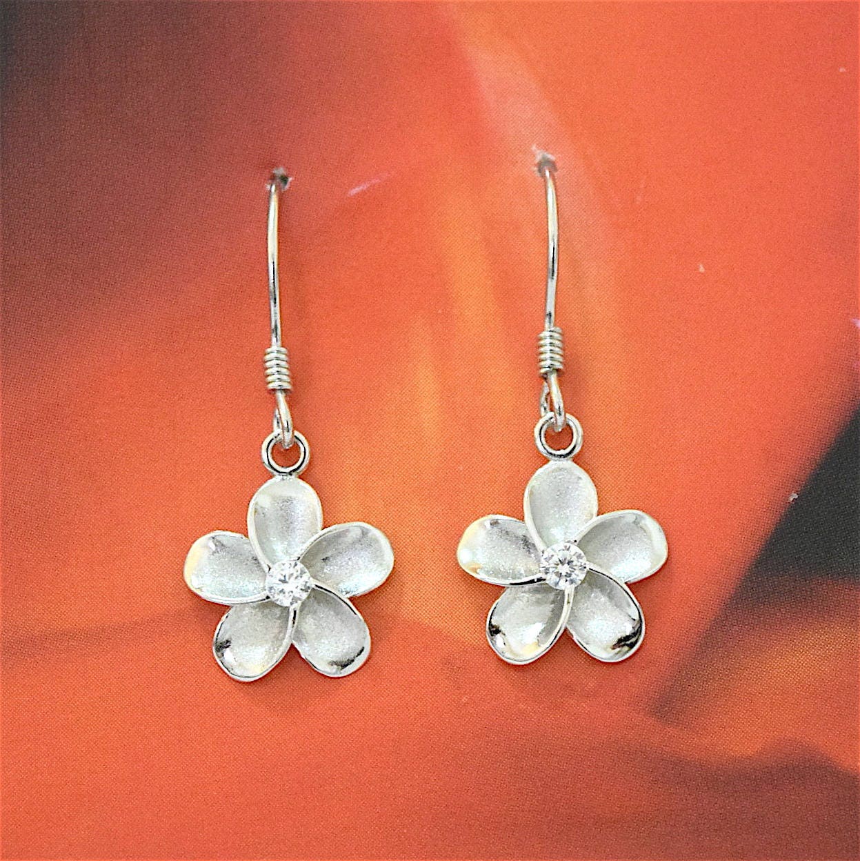 Hawaiian Plumeria Earrings, Sterling Silver Plumeria CZ Dangle Earrings, W4012, Hawaiian Jewelry, Christmas Anniversary Birthday Gift