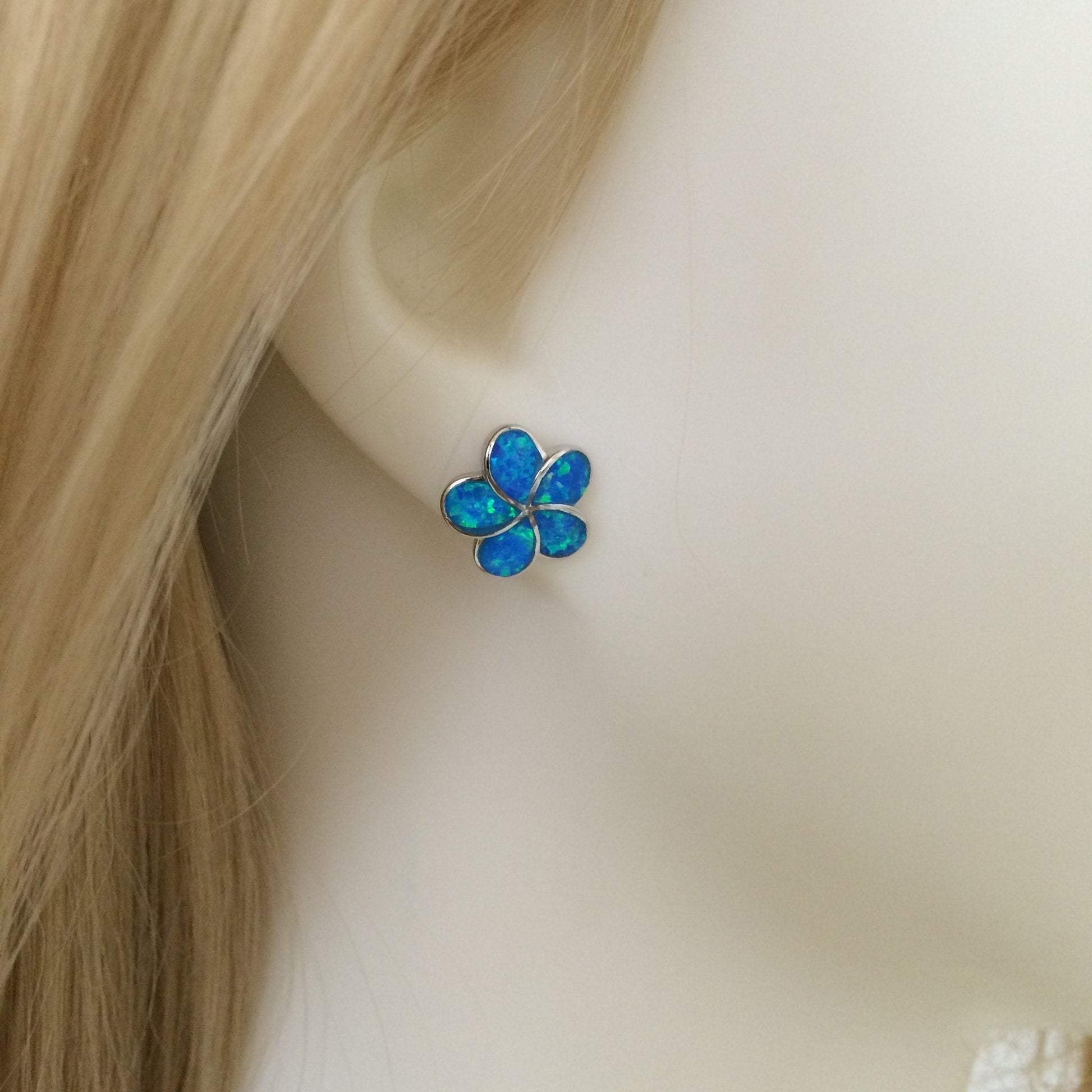 Beautiful Hawaiian Blue Opal Plumeria Earring, Sterling Silver Blue Opal Plumeria Stud Earring, E4031 Birthday Mom Mother Gift - Hawaii Treasures Shop