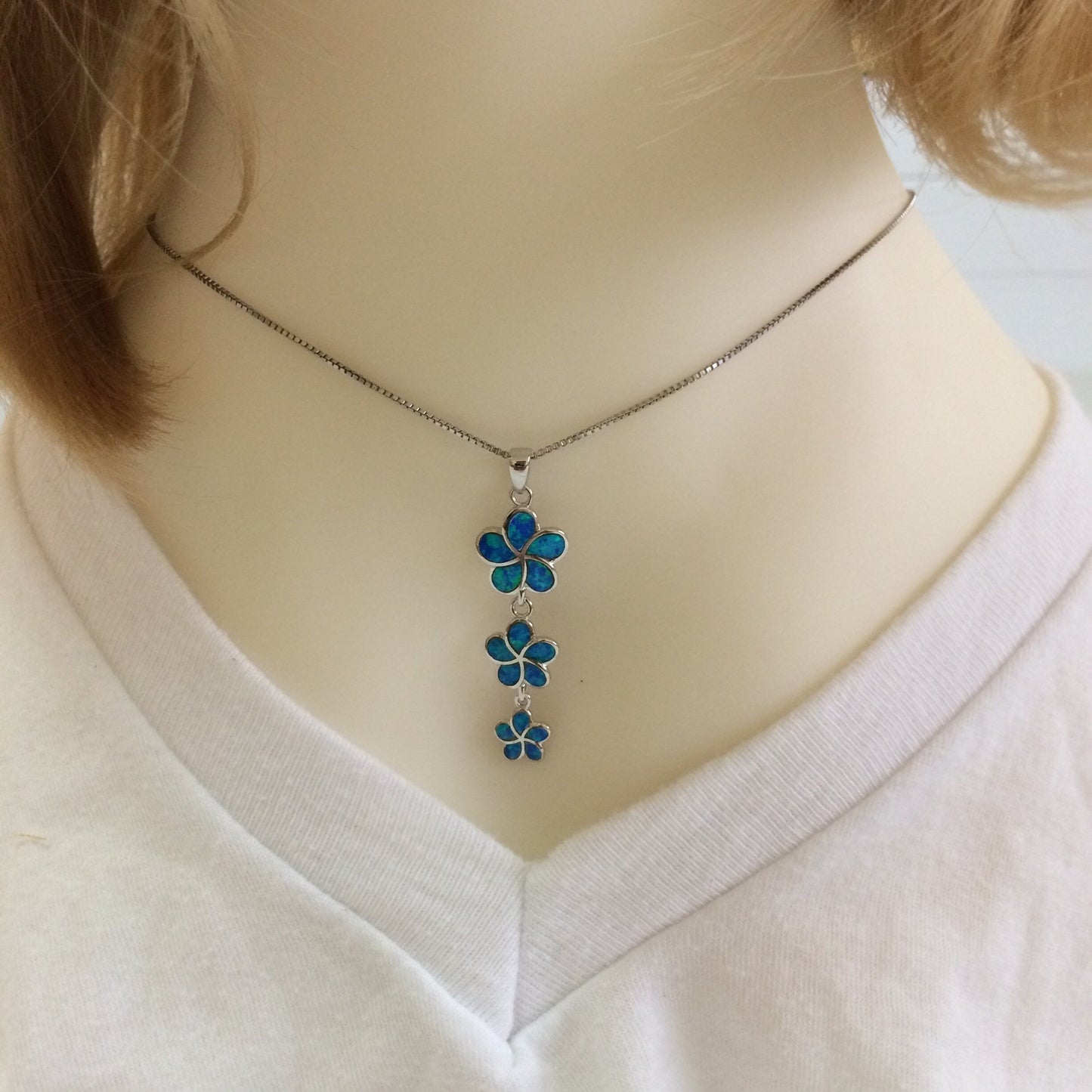 Beautiful Hawaiian 3 Blue Opal Plumeria Pendant, Past Present & Future, Sterling Silver Plumeria Pendant, N6145 Birthday Mother Mom Gift