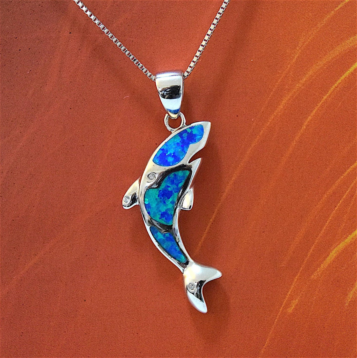 Hawaiian Blue Opal Orca Whale Necklace and Earrings, Sterling Silver Blue Opal Inlay Killer Whale CZ Pendant, Christmas Birthday Gift