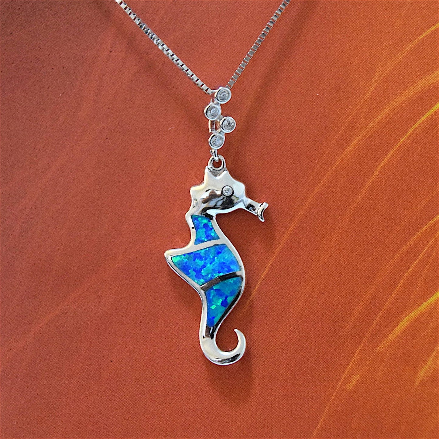 Hawaiian Blue Opal Seahorse Necklace and Earrings, Sterling Silver Blue Opal Sea Horse CZ Pendant, Christmas Anniversary Birthday Mom Gift