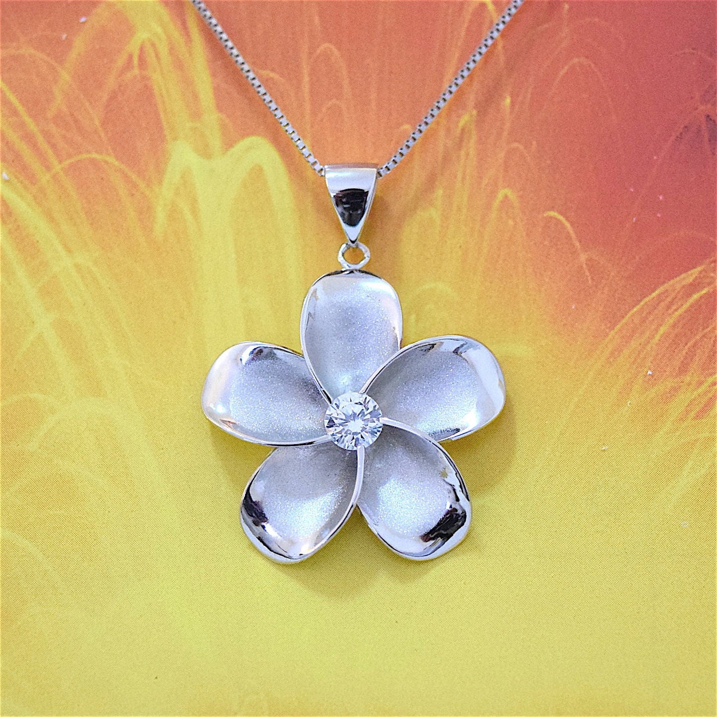 Hawaiian Plumeria Pendant, Sterling Silver Plumeria W. CZ Pendant, W6003 Hawaiian Jewelry, Christmas Anniversary Mom Birthday Gift