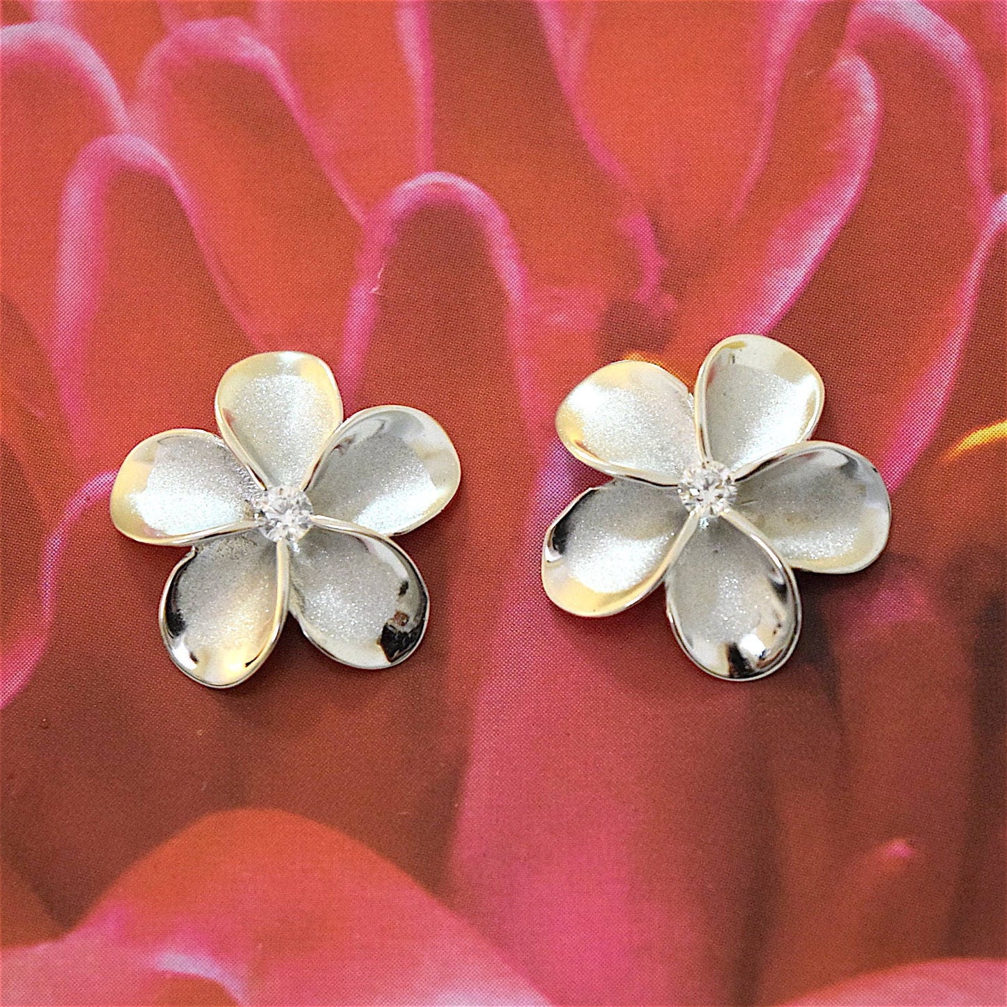 Hawaiian Large Plumeria Earrings, Sterling Silver Plumeria CZ Stud Earrings, Hawaiian Jewelry, Christmas Anniversary Birthday Gift