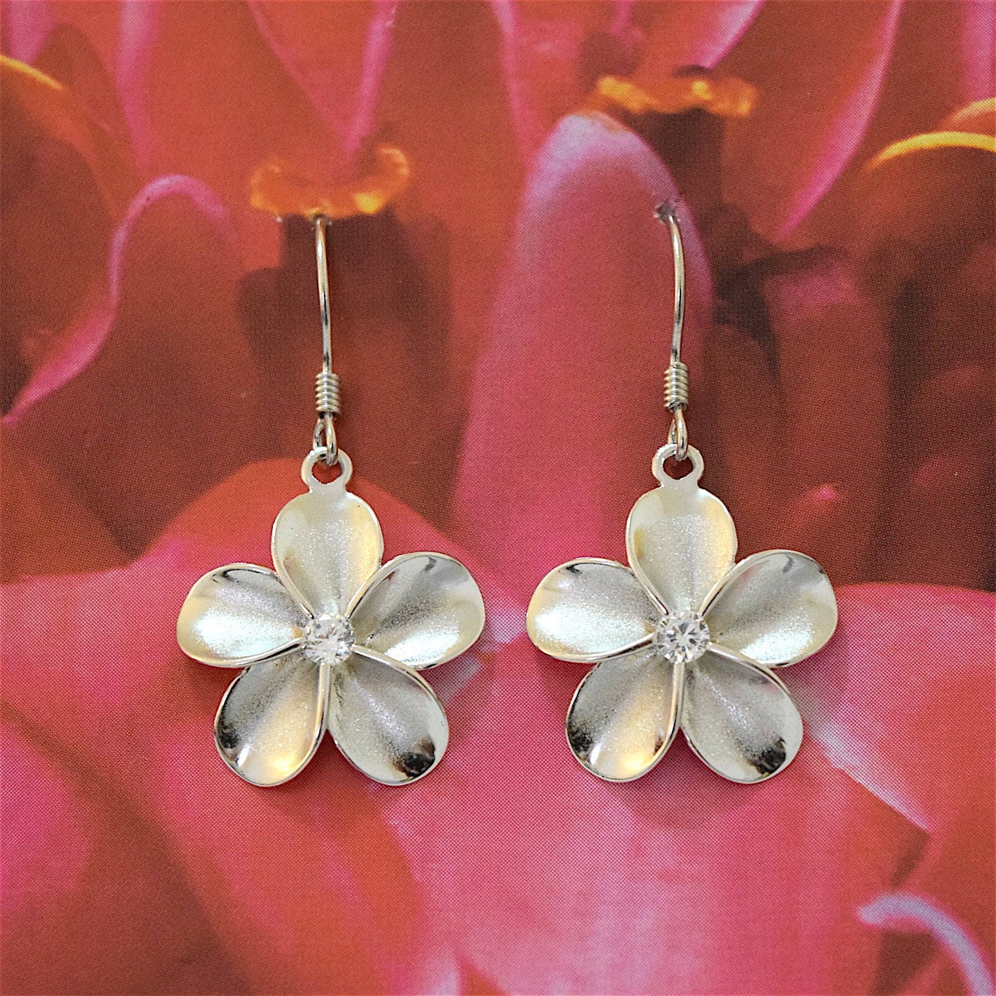 Hawaiian Large Plumeria Earrings, Sterling Silver Plumeria Flower CZ Dangle Earrings, Hawaiian Jewelry, Christmas Mom Birthday Gift