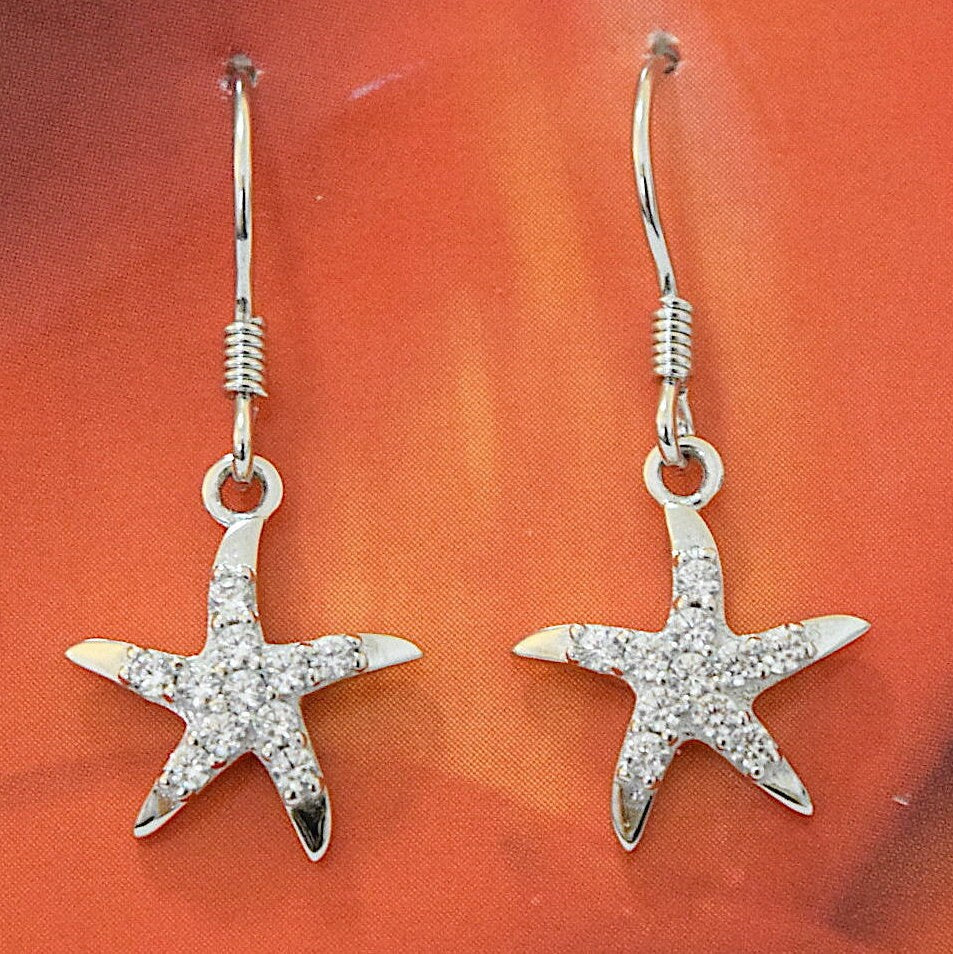 Hawaiian Starfish Earrings, Sterling Silver Starfish CZ Dangle Earrings, Hawaiian Jewelry, Christmas Anniversary Birthday Gift