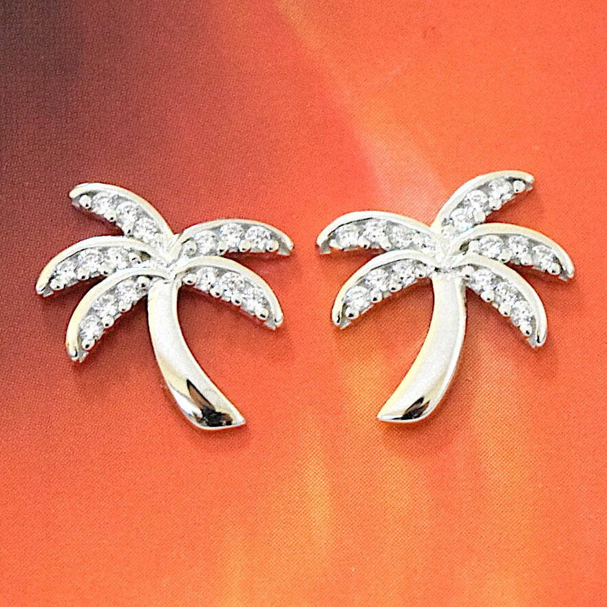 Hawaiian Palm Tree Earrings, Sterling Silver Palm Tree CZ Stud Earrings, W54021, Hawaiian Jewelry, Christmas Anniversary Birthday Gift