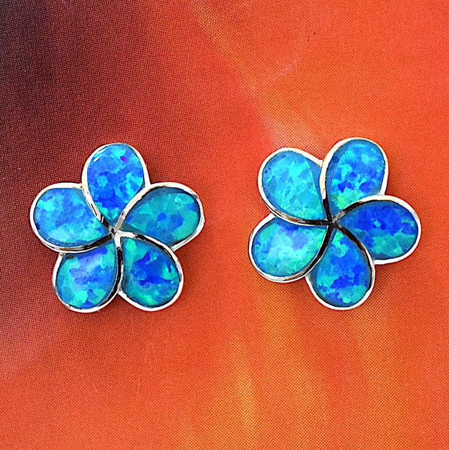 Hawaiian Blue Opal Plumeria Earrings, Sterling Silver Blue Opal Inlay Plumeria Stud Earrings, Hawaiian Christmas Mother Mom Birthday Gift