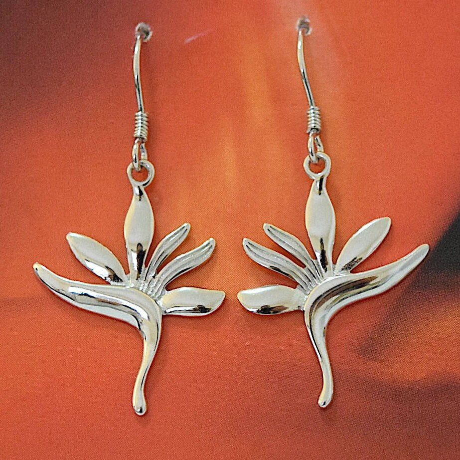 Hawaiian Large Bird of Paradise Earrings, Sterling Silver Bird of Paradise Dangle Earrings, Christmas Anniversary Birthday Gift