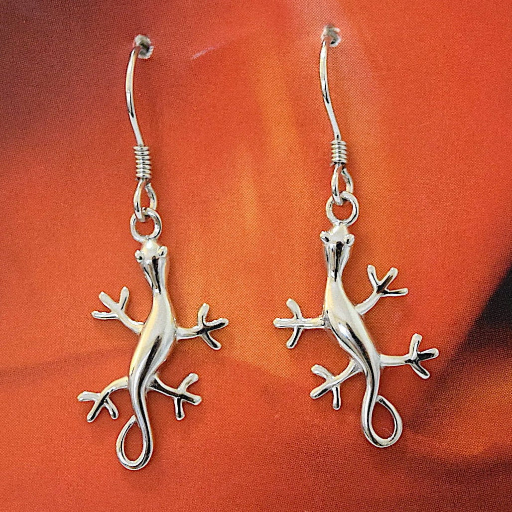 Hawaiian Large Gecko Earrings, Sterling Silver Gecko, Lizard Dangle Earrings, Hawaiian Jewelry, Christmas Anniversary Birthday Gift