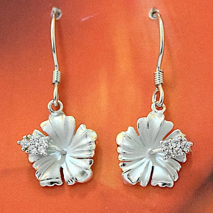 Hawaiian Hibiscus Earrings, Sterling Silver Hibiscus CZ Dangle Earrings, Hawaiian Jewelry, Christmas Anniversary Birthday Gift