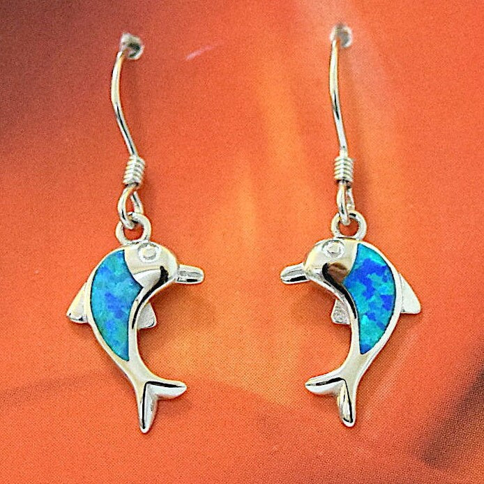 Hawaiian Blue Opal Dolphin Earrings, Sterling Silver Blue Opal Inlay Dolphin Dangle Earrings, Christmas Mom Birthday Gift