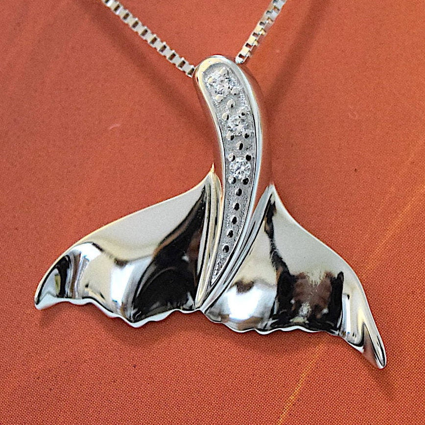 Hawaiian Whale Tail Necklace and Earrings,  Sterling Silver Whale Tail CZ Pendant, Hawaiian Jewelry, Christmas Anniversary Birthday Gift