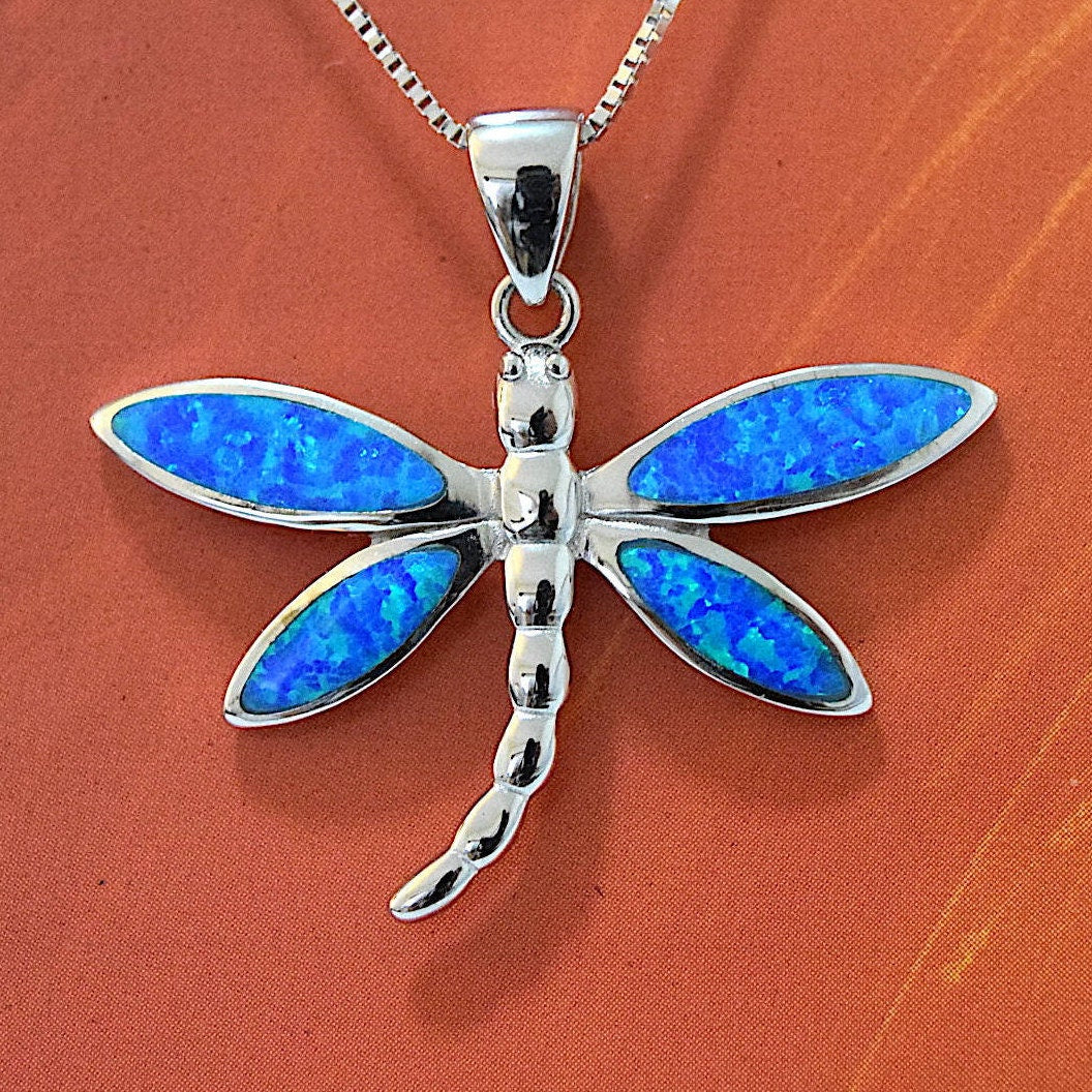 Hawaiian Large Blue Opal Dragonfly Necklace and Earrings, Sterling Silver Blue Opal Dragonfly Pendant, Christmas Present Birthday Gift