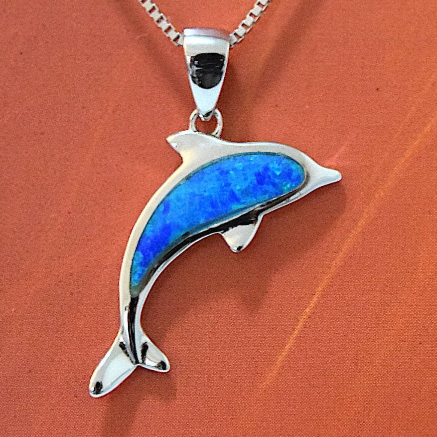 Hawaiian Blue Opal Dolphin Necklace and Earrings, Sterling Silver Blue Opal Inlay Dolphin Pendant, Christmas Present, Birthday Gift