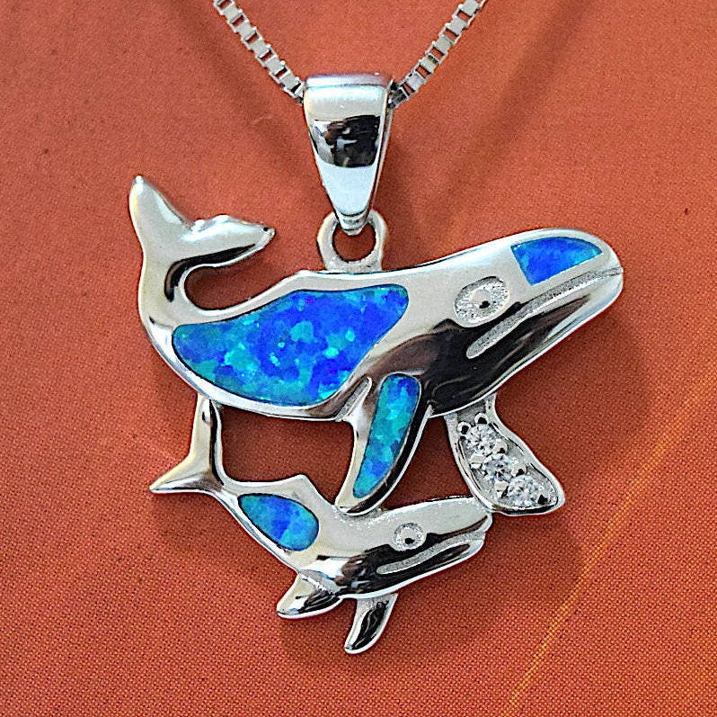 Hawaiian Mom & Small Humpback Whale Necklace and Earrings, Sterling Silver Blue Opal 2 Humpback Whale CZ Charm Pendant, Mother Birthday Gift