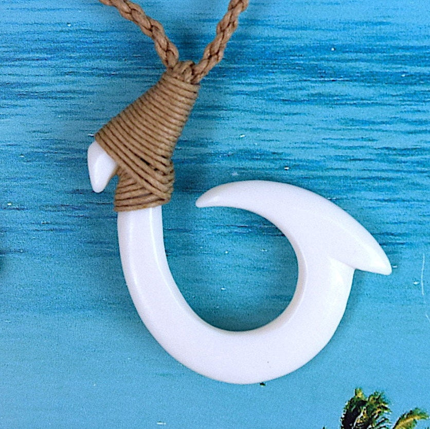 Hawaiian Large Fish Hook Necklace, Hand Carved Buffalo Bone 3D Fish Hook Necklace, N9105 Birthday Mother Gift, Island Jewelry