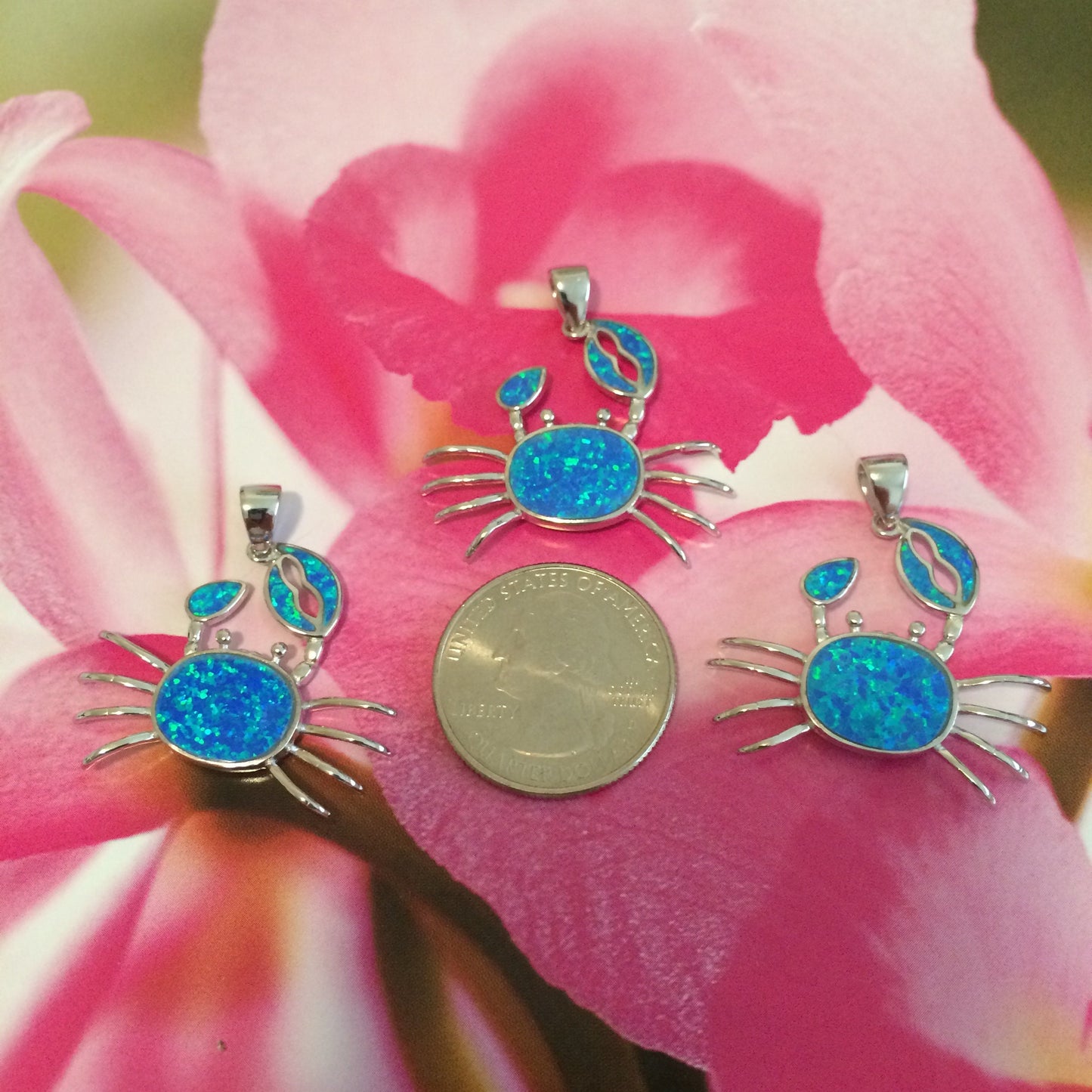 Hawaiian Large Blue Opal Crab Pendant, Sterling Silver Blue Opal Inlay Crab Pendant, Christmas Anniversary Birthday Mom Gift