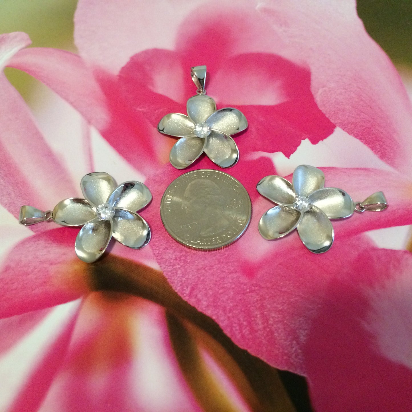 Hawaiian Large Plumeria Pendant, Sterling Silver Plumeria CZ Pendant, Hawaiian Jewelry, Christmas Anniversary Birthday Mom Gift